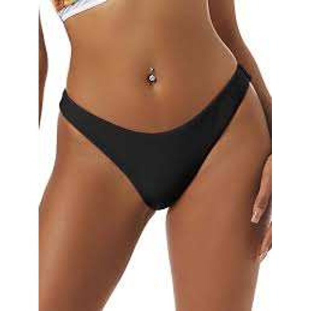 ZAFUL Women's Black High Cut Plain Mid Waist Ribbed Bikini Bottom Size 8